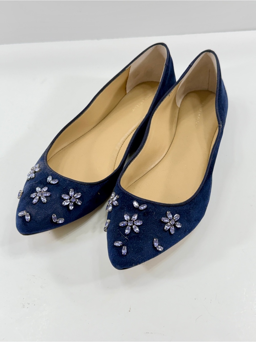 Ann Taylor Ballet Suede Flats Shoes Women's Jeweled Floral Toe Blue Size 7.5